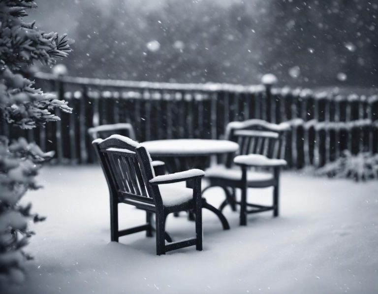 Une image monochrome présentant un mobilier de jardin robuste couvert de neige sous un ciel d'hiver épais.