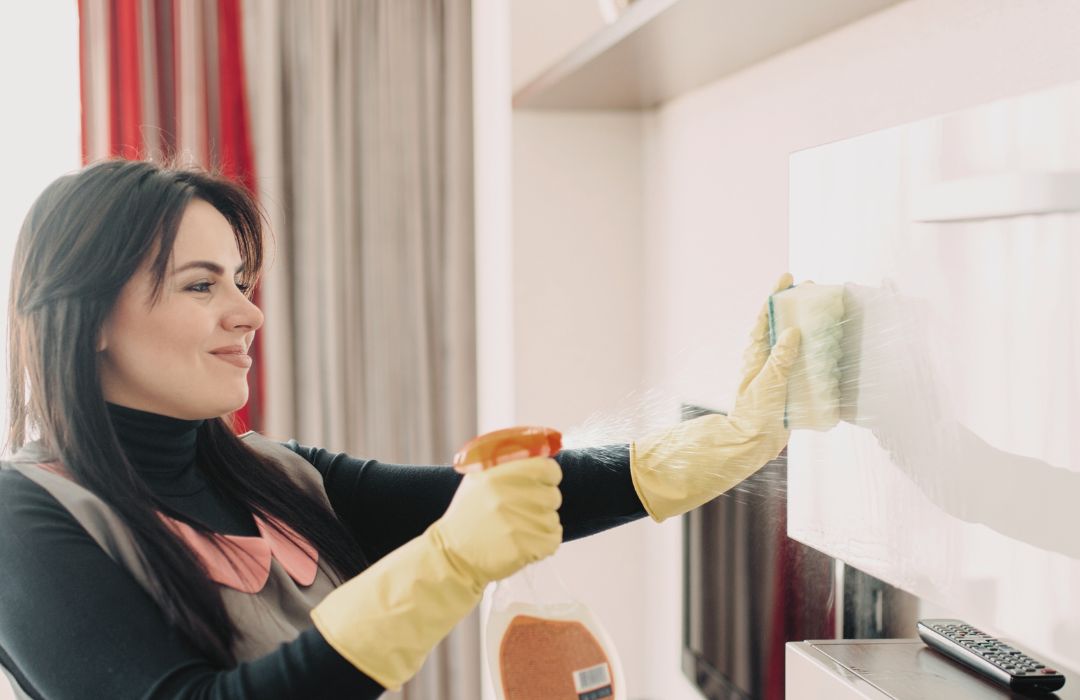 Une femme de ménage qui nettoie une cuisine