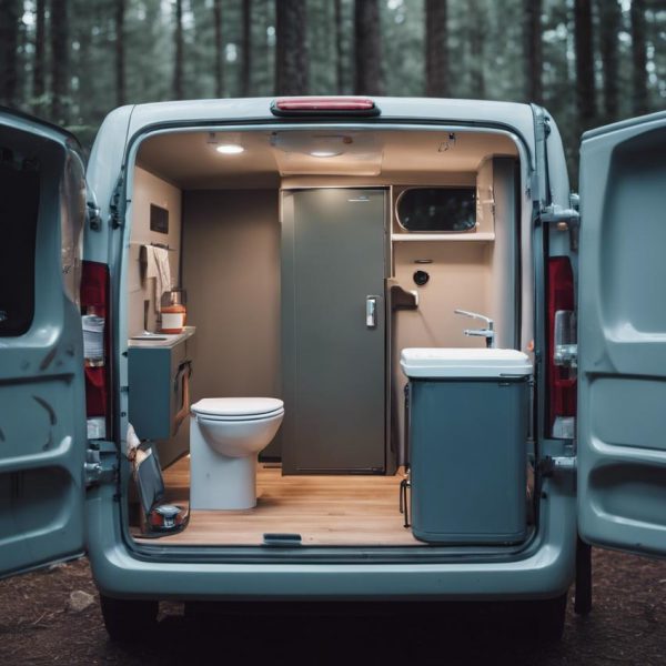 Photographie d'une configuration de salle de bain de camping-car minimaliste et compacte, montrant les toilettes, le système de plomberie et les réservoirs à déchets avec des marques d'explication, dans une palette de couleurs froides et atténuées.