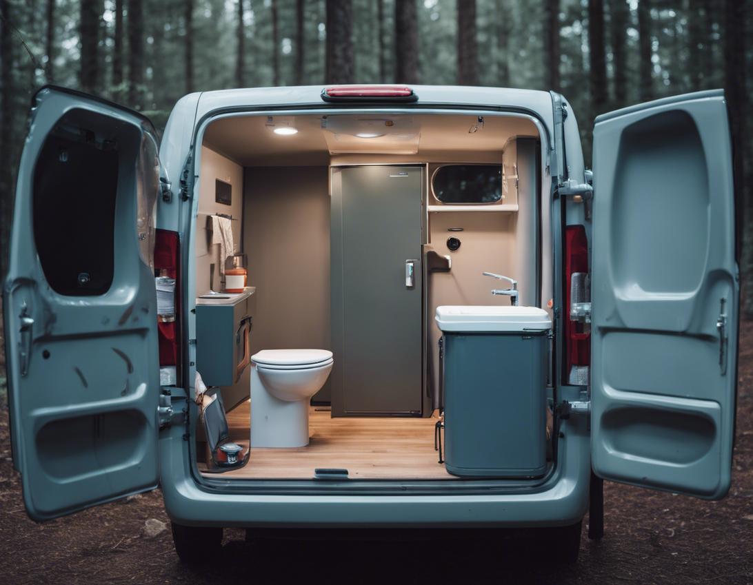 Photographie d'une configuration de salle de bain de camping-car minimaliste et compacte, montrant les toilettes, le système de plomberie et les réservoirs à déchets avec des marques d'explication, dans une palette de couleurs froides et atténuées.