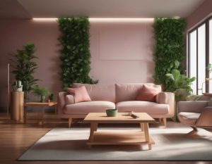 Visuel d'un salon minimaliste avec des touches de la couleur Pantone de l'année, des meubles en bois naturel, un éclairage d'ambiance et des plantes d'intérieur, peinture numérique classique, éclairage d'ambiance apaisant, résolution 4k.