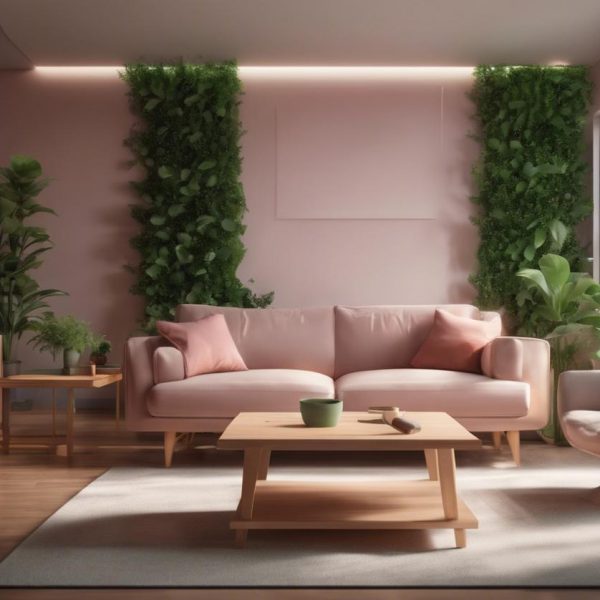 Visuel d'un salon minimaliste avec des touches de la couleur Pantone de l'année, des meubles en bois naturel, un éclairage d'ambiance et des plantes d'intérieur, peinture numérique classique, éclairage d'ambiance apaisant, résolution 4k.