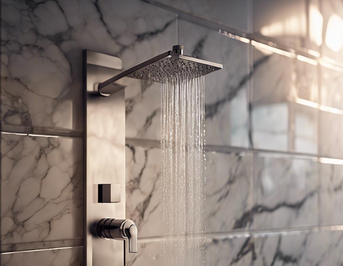 Gros plan d'une colonne de douche moderne encastrée dans un mur en marbre avec des gouttelettes d'eau étincelantes sous une lumière ambiante douce.