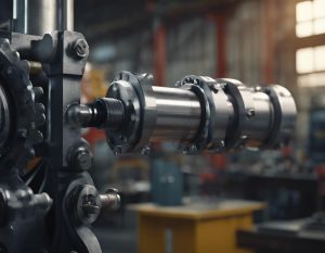 Image présentant un cylindre hydraulique double action très détaillé, coupé pour exposer le mécanisme de pompage à l'intérieur, sur le fond d'un atelier mécanique.