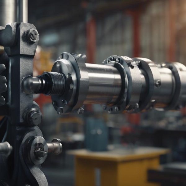 Image présentant un cylindre hydraulique double action très détaillé, coupé pour exposer le mécanisme de pompage à l'intérieur, sur le fond d'un atelier mécanique.