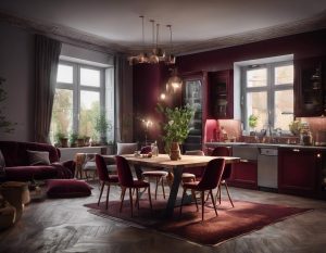 Rendu numérique d'une cuisine moderne, d'une salle à manger en bois vintage et d'un coin salon confortable dans une maison bordelaise après rénovation.