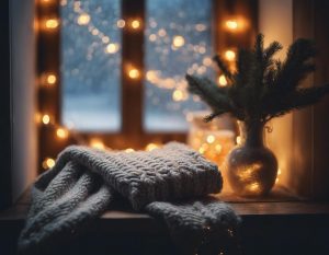 Image d'un intérieur chaleureux avec une fenêtre givrée, des vêtements d'hiver tricotés disposés à proximité et des guirlandes lumineuses créant une ambiance intime et chaleureuse.