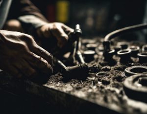 Technicien maniant minutieusement des outils pour déboucher un conduit de télécommunication, ses mains sales et graisseuses éclairées par une lumière tamisée.