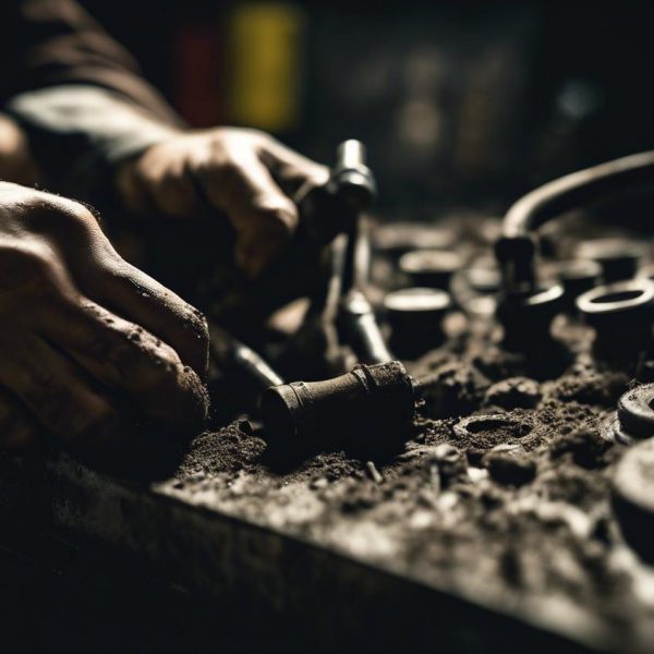 Technicien maniant minutieusement des outils pour déboucher un conduit de télécommunication, ses mains sales et graisseuses éclairées par une lumière tamisée.