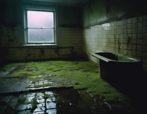 Salle de bains sale aux carreaux couverts de mousse, éclairage tamisé, fenêtre craquelée laissant entrer une forte pluie, eau s'infiltrant sous le plancher pourri dégageant une odeur désagréable de fosse septique.
