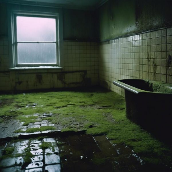 Salle de bains sale aux carreaux couverts de mousse, éclairage tamisé, fenêtre craquelée laissant entrer une forte pluie, eau s'infiltrant sous le plancher pourri dégageant une odeur désagréable de fosse septique.