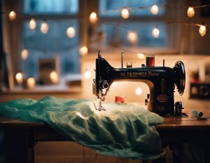 Espace de travail doucement éclairé présentant une toile à bulles vibrante en mi-couture sur une machine à coudre vintage, avec aiguille et fil éparpillés au premier plan.