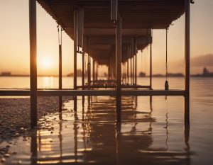 Photographie détaillée illustrant la construction minutieuse d'une terrasse sur pilotis en acier, baignée par la douce lueur dorée d'un coucher de soleil.