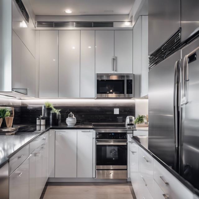 Vue panoramique d'une cuisine moderne avec des placards blancs brillants, des comptoirs en granit noir mat et des finitions en métal brossé, éclairage sous les meubles, contraste élevé.