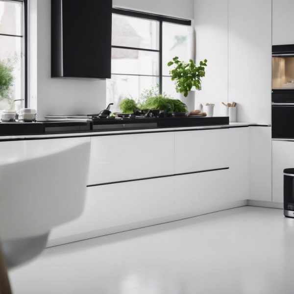 Image haute résolution d'une cuisine blanche impeccable avec des comptoirs noirs, ornée d'herbes fraîches et d'appareils modernes dans une lumière ambiante douce.