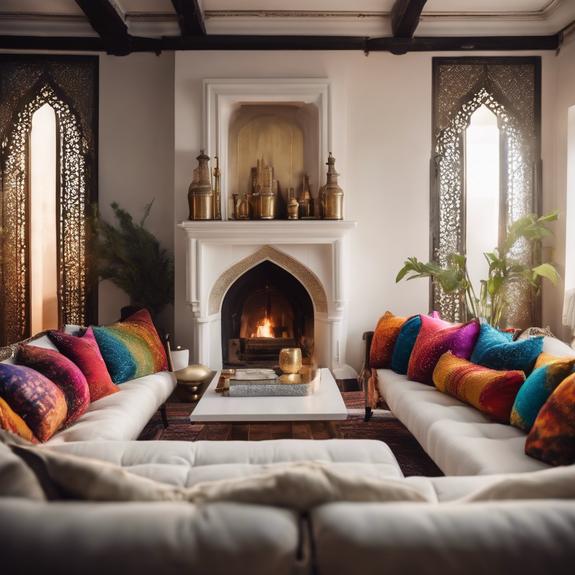 Photographie d'un salon élégant qui mélange styles moderne et marocain avec un canapé blanc minimaliste, des coussins berbères colorés, une cheminée avec finitions en laiton et un éclairage d'ambiance doux.