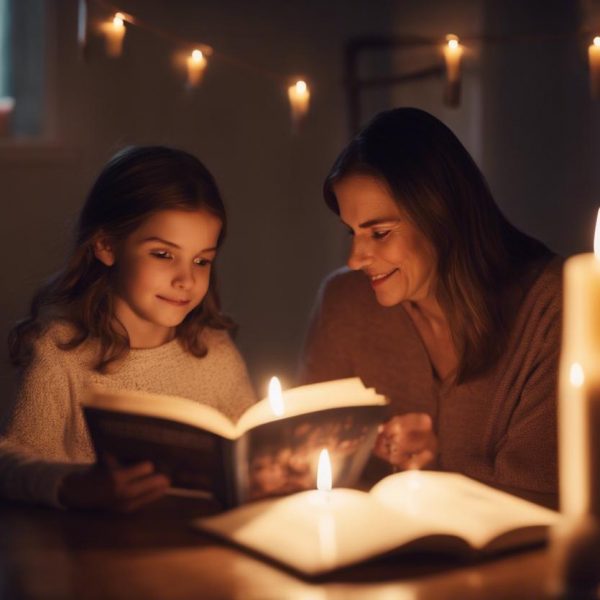 Mère émue tenant un livre de poèmes face à sa fille tenant un gâteau d'anniversaire sous l'éclairage doux d'une chandelle.