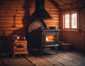 Image détaillée d'un poêle norvégien traditionnel en fonte diffusant une douce lueur orange dans une cabane en bois rustique, l'ambiance chaleureuse accentuée par un éclairage ambiant doux et une finition mate.