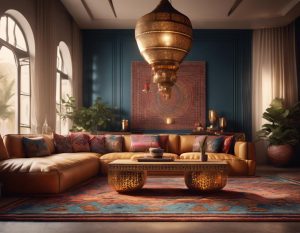 Rendu 3D d'un salon marocain moderne présentant des motifs géométriques sur les canapés, des tapis traditionnels aux couleurs vives, des lanternes en laiton fournissant une lumière chaleureuse et une table basse en bois gravé, finition mate, éclairage ambiant.
