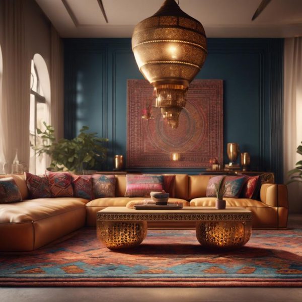 Rendu 3D d'un salon marocain moderne présentant des motifs géométriques sur les canapés, des tapis traditionnels aux couleurs vives, des lanternes en laiton fournissant une lumière chaleureuse et une table basse en bois gravé, finition mate, éclairage ambiant.