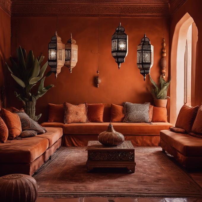 Photographie d'un salon marocain contemporain avec des canapés en velours, des lanternes en métal sculpté et des murs en terre cuite éclairés de façon chaleureuse.