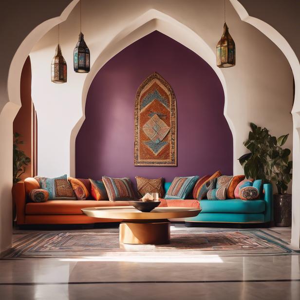 Image d'un salon marocain contemporain avec une table basse en mosaïque, entourée de coussins de sol, une arcade remarquable, une fenêtre géométrique laissant passer la lumière naturelle, mise au point nette, couleurs vives, peinture numérique.