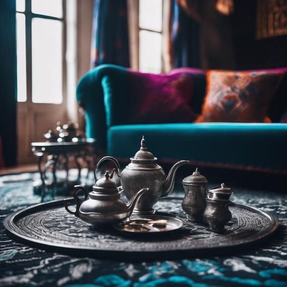 Salon marocain contemporain avec textiles de couleurs vives, décor épuré, service à thé argenté sur un tapis monochrome et éclairage théâtral.