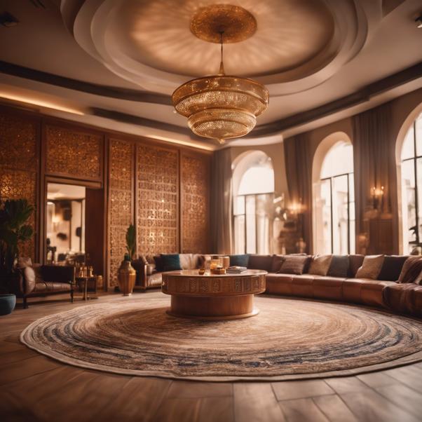 Vue d'un salon spacieux mêlant l'artisanat marocain et un mobilier moderne avec des marqueteries en bois sur le sol et les murs, éclairage doux, résolution 4k.