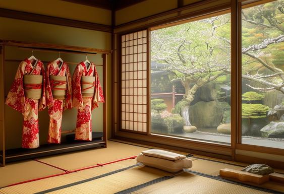 Un cadre paisible avec des kimonos soigneusement disposés sur un portant en bambou, un éclairage doux et une finition mate caractérise cette chambre à thème japonais.