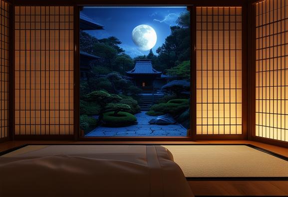 Photographie nocturne d'une chambre japonaise éclairée par la lune avec un écran shoji partiellement ouvert sur un jardin Zen extérieur, créant une ambiance paisible et éthérée.