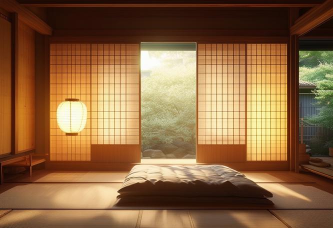 Chambre de style japonais avec des tatamis, écrans shoji, lit futon bas et lanterne en papier, éclairée par la lumière naturelle du jour.