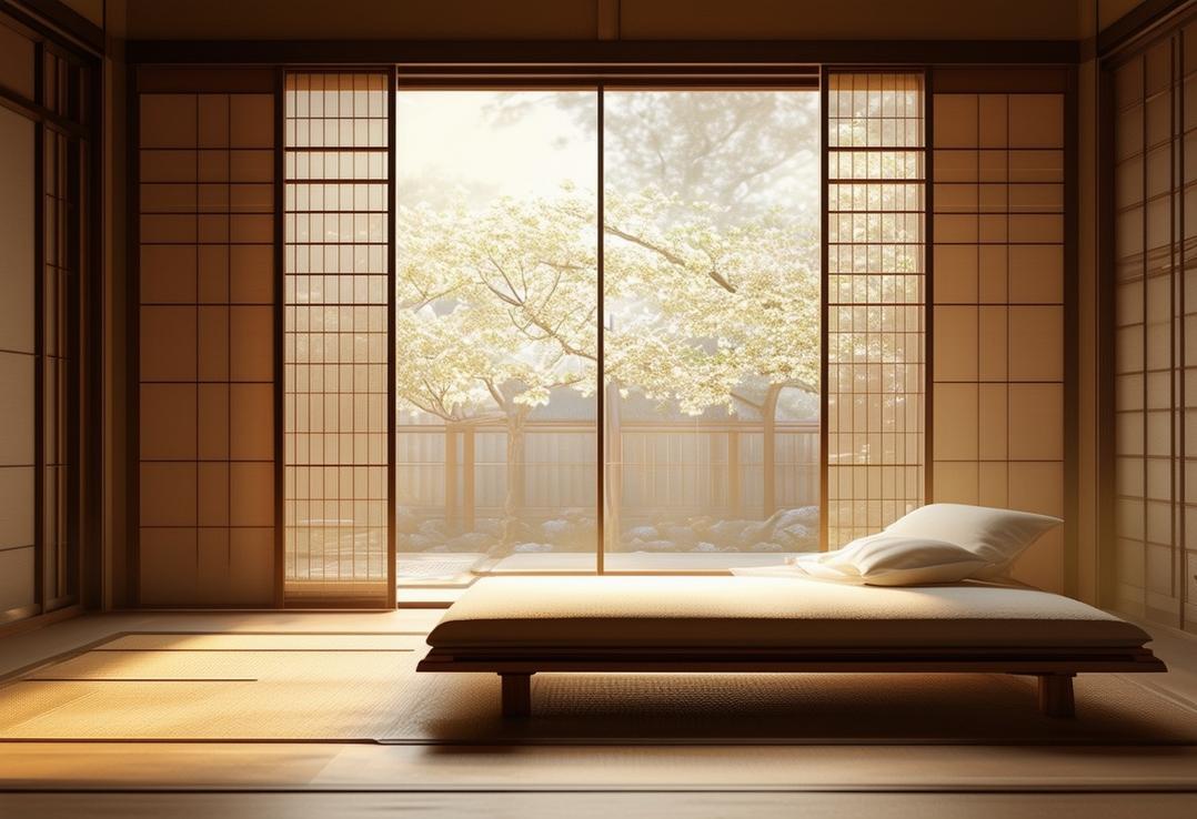 Image sereine d'une chambre de style japonais minimaliste avec un sol en tatami traditionnel, des portes coulissantes Shōji, et un simple futon baigné dans une lumière ambiante douce.