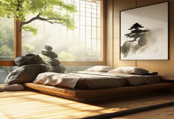 Image photoréaliste d'une chambre Zen avec jardin de pierres sur l'appui de fenêtre, lit en bois bas et design, et peinture à l'encre au-dessus, éclairée par une douce lumière matinale, mise au point nette.