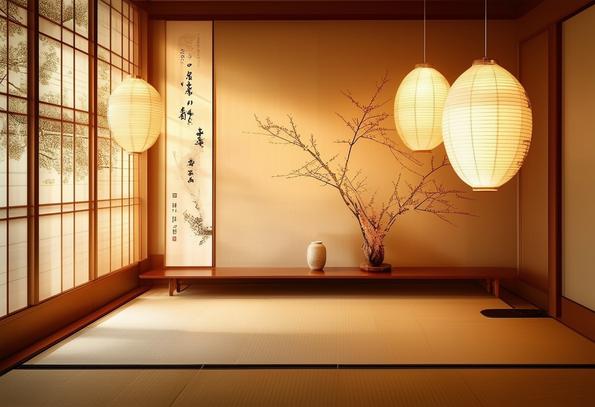 Photo élégante d'une pièce japonaise épurée avec des lampes en papier de riz diffusant une douce lumière sur des murs ornés d'art inspiré de la nature, éclairage d'ambiance chaleureux en flou artistique.