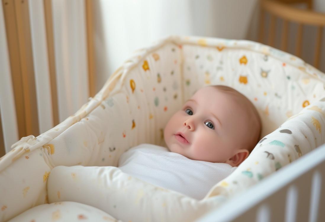 Image en gros plan d'un lit de bébé superbement conçu avec un surmatelas ultra-confortable dans une chambre d'enfant sereinement éclairée.