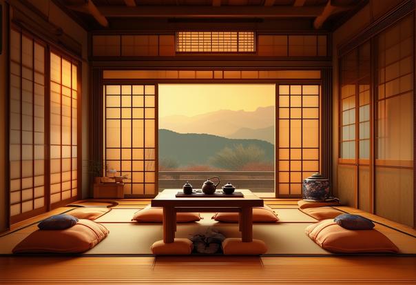 Pièce japonaise accueillante avec coussins sur le sol autour d'une table chabudai, service à thé traditionnel dessus, éclairage doux de soirée et détails vibrants.