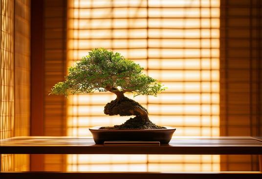 Chambre japonaise épurée et symétrique avec un bonsaï sur une étagère en bois, lumière naturelle filtrant à travers des stores en bambou, haute saturation et texture douce.