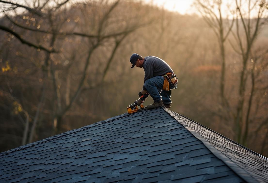 Image haute résolution d'un artisan réparant méticuleusement la crête d'un toit d'ardoise sous la douce lumière matinale.