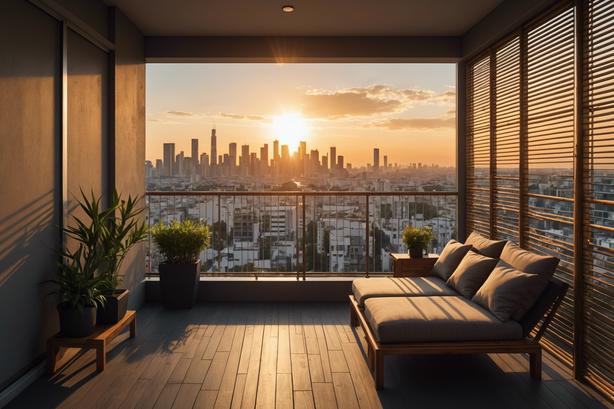 Un élégant balcon surplombant la ville avec des stores en bambou et un coucher de soleil filtré, donnant un charme urbain aux couleurs vives.