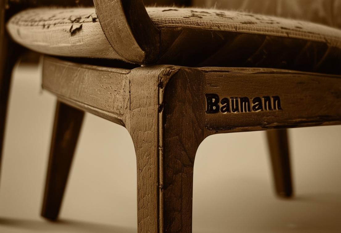 Gros plan sur une authentique chaise Baumann nécessitant une réparation, mettant en évidence les jambes en bois entrelacées, le cachet de la signature sous le siège et la finition de patine, vintage, teintée en sépia, détail net.