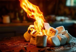 Marais en flammes dans une cuisine rustique illuminée et ombragée par le feu intense d'un chalumeau de cuisine.