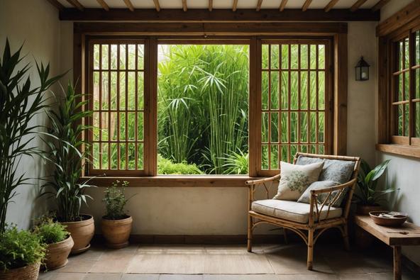 Un coin de jardin tranquille avec des couvertures de fenêtres en bambou rustique formant une oasis privée, mise au point douce et atmosphère intime.