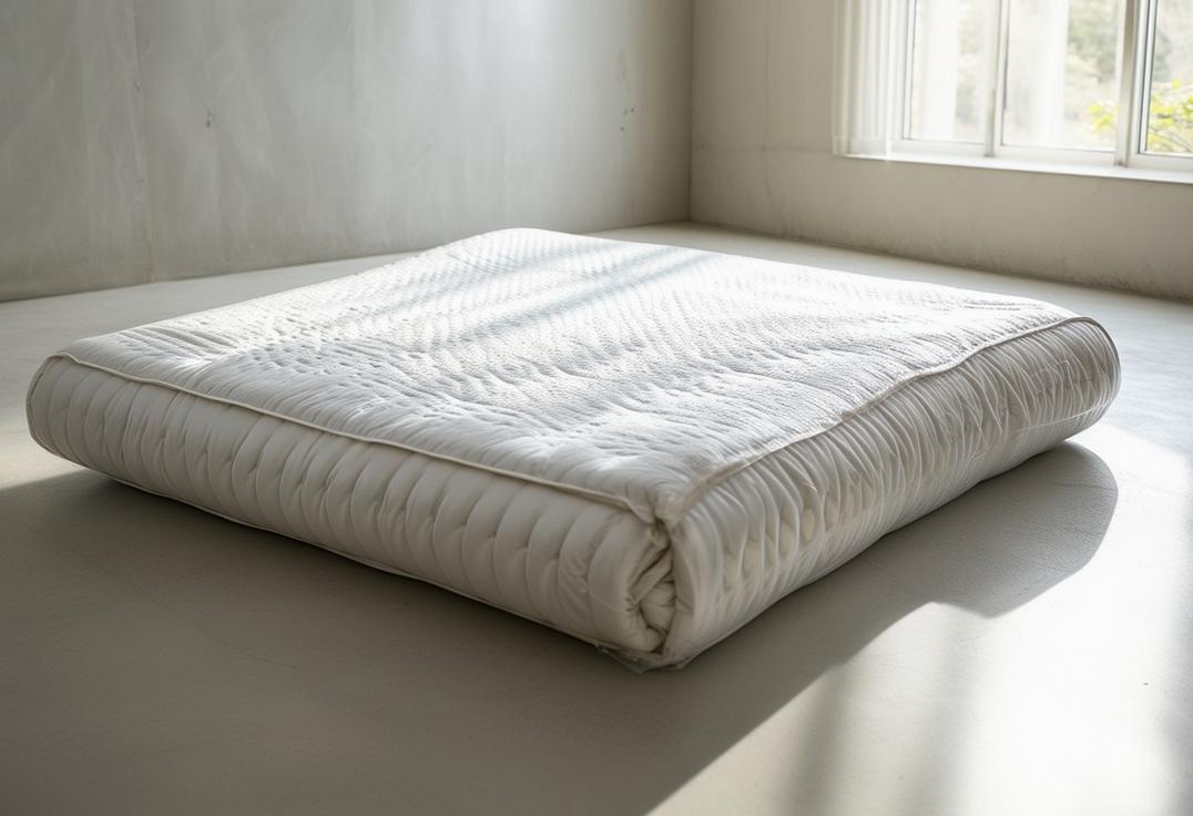 Image haute résolution d'un matelas déroulé se développant à sa taille complète, placé dans un cadre intérieur minimaliste avec une lumière naturelle abondante.