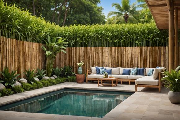 Un espace détente en bordure de piscine avec des paravents en bambou, une ambiance paisible et élégante, baignée de lumière du soleil.