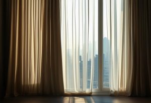 Une magnifique image d'un rideau lourd avec doublure visible dans une salle calme, avec un paysage urbain adouci en arrière-plan à travers la fenêtre, en 4k, avec un éclairage dramatique, mettant l'accent sur l'ombre.