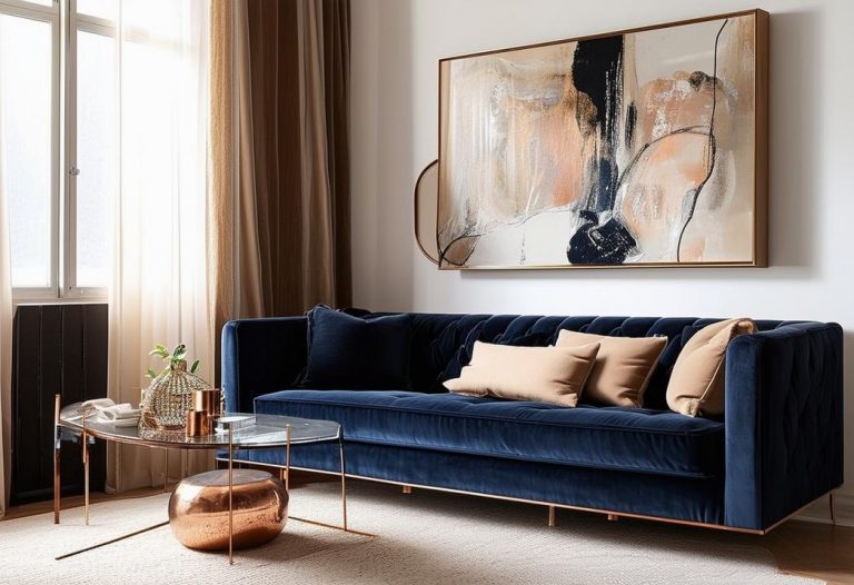 Photographie floue d'un salon cosmopolite avec un sofa en velours bleu-marine, des accents beige, des accessoires en cuivre, et un mur blanc orné d'oeuvres d'art abstraites, baigné dans une lumière douce d'après-midi.