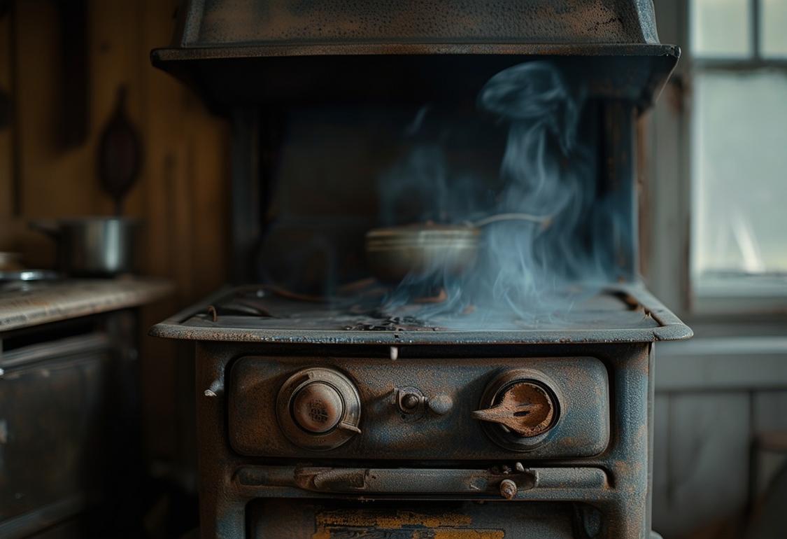 Photographie rapprochée d'un poêle à huile antique éteint brusquement, montrant ses composants usés et une fine fumée qui s'estompe, dans une lumière ambiante douce, en 4k, avec une finition mate.