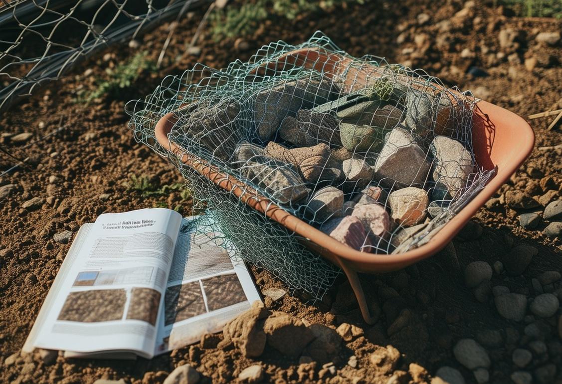 Vue en plongée présentant divers matériaux économiques comme un grillage, des pierres dans une brouette, un guide pour construire des gabions, organisés dans un jardin durant la journée.