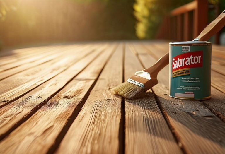 Une image haute résolution d'une terrasse en bois fraîche et granuleuse dans la douce lumière du matin, avec une boîte de saturateur à bois et une brosse à main à proximité, prêts à être utilisés, mise au point nette, lumière naturelle.