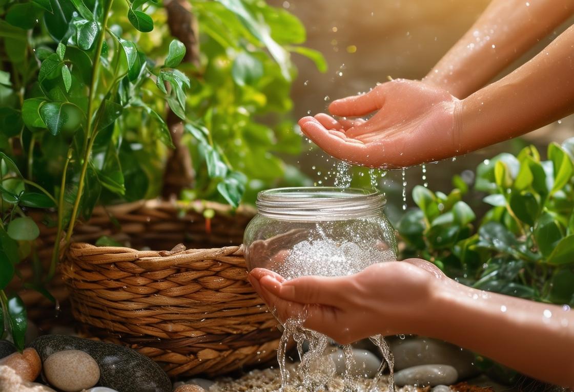 Une photographie rustique de mains captant de l'eau de pluie scintillante dans un pot en céramique, entouré de plantes et d'un panier tissé avec du sable et des cailloux pour la purification de l'eau, sous un éclairage ambiant doux et chaleureux.